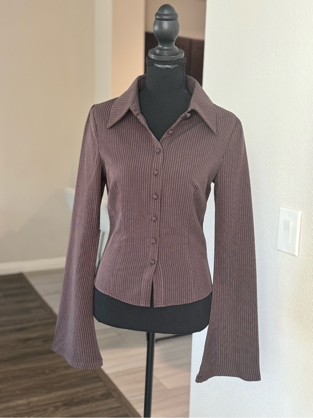 Edikted Brown Pinstripe Button-Down Long Sleeve Top
